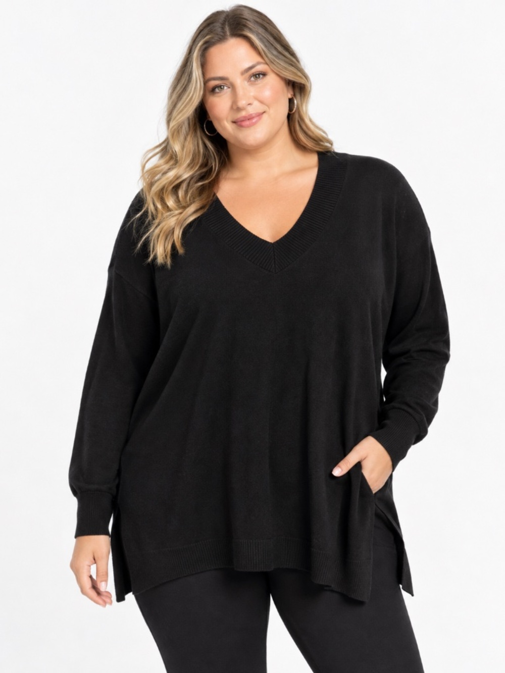 Cable & Gauge 3X JetBlack Rayon V-Neck Sweater w/Ribbed Collar - Tunic Length